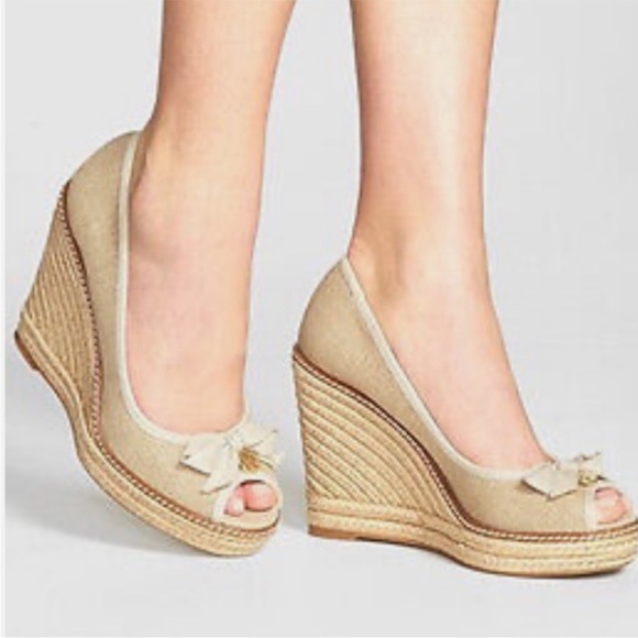 Tory Burch Jackie Peep Toe Espadrille Wedge Tan Gold Metallic Size 8 - Picture 16 of 16